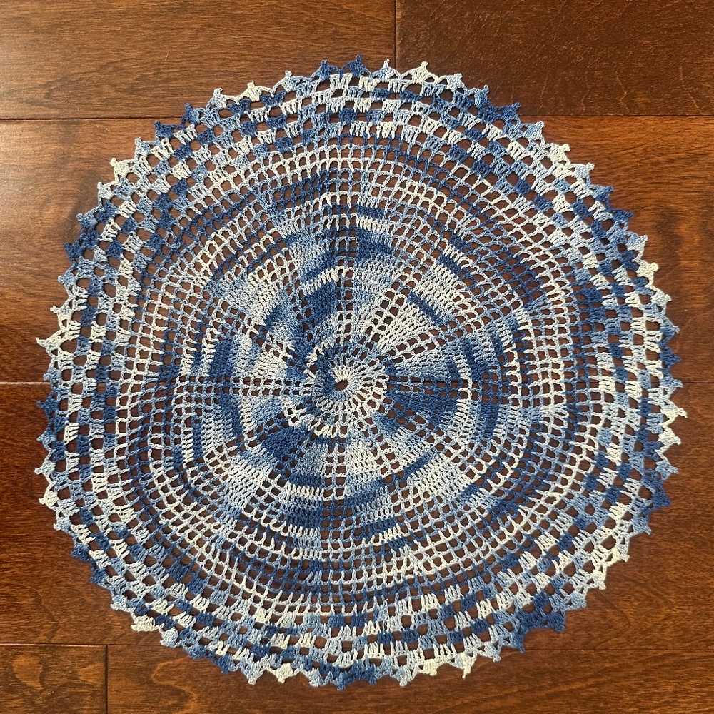 Vintage Handcrafted Round Crochet Doily – Blue Tones – 12" – Like New